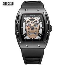 Load image into Gallery viewer, Baogela Fashion Mens Skeleton Skull Luminous Quartz Watches Military Style Black Silicone Rectangle Dial Wristwatch for Man1612