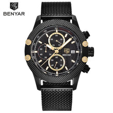 Load image into Gallery viewer, BENYAR Watches Men Sport Chronograph Fashion Watch Men's Mesh Rubber Band Waterproof Casual Quartz Watch Gold Saat