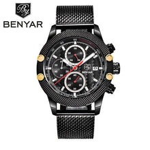 Load image into Gallery viewer, BENYAR Watches Men Sport Chronograph Fashion Watch Men's Mesh Rubber Band Waterproof Casual Quartz Watch Gold Saat