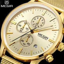 Load image into Gallery viewer, MEGIR Chronograph Men's quartz-watch stainless steel mesh band gold watch Slim men watches Multi-function sports clock relogio
